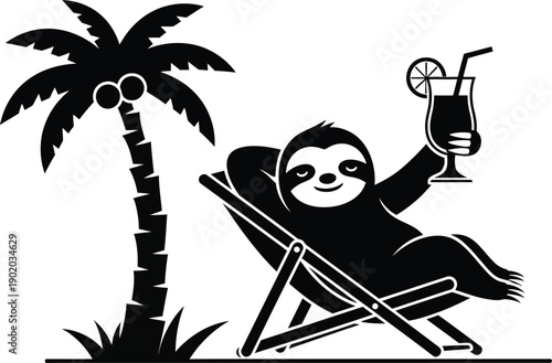 Sloth lounging on a beach chair under a palm tree, holding a cocktail drink. 