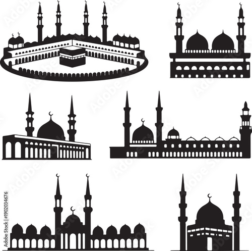 Black silhouettes of various mosques with domes and minarets on white background