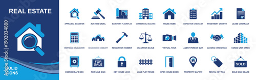 Real estate icon set. Containing appraisal, gavel, blueprint, building, home, inspection, lease, mortgage, escrow, map pin, keys, for sale and sold signs. Solid fill vector icons collection