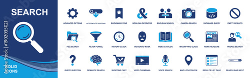 Search icon set. Containing magnifier, filter funnel, file search, autocomplete, boolean search, camera search, history, incognito, results list and more. Solid vector icons collection