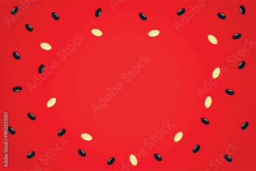 Watermelon seeds frame on red background. Summer fruit texture border vector with copy space