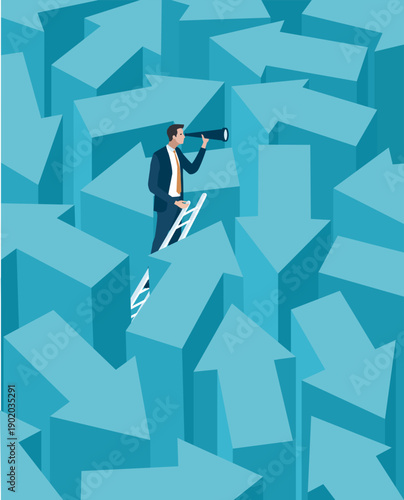The Way Out. Businessman climbs over a maze of arrows using a ladder to see the goal. Corporate success and career growth. Vector illustration.