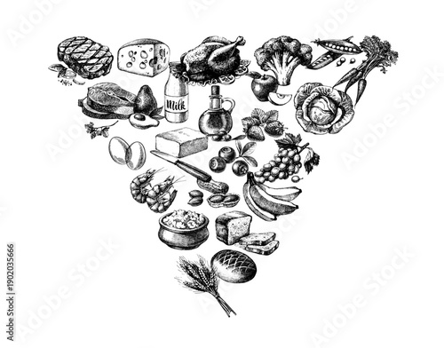 New food pyramid. US dietary guidelines for 2025-2030. Sketch vintage elements in triangle shape frame. Design for health and nutritional education. Hand drawn vector isolated illustration.