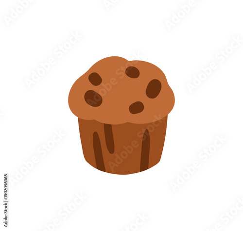 Chocolate muffin. Small sponge cupcake, choco pastry. Soft sweet dessert, baked food, snack. Tasty cup cake, patisserie. Flat vector illustration isolated on white background