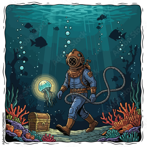 Vintage Diver Exploring Ocean Floor with Luminous Jellyfish.