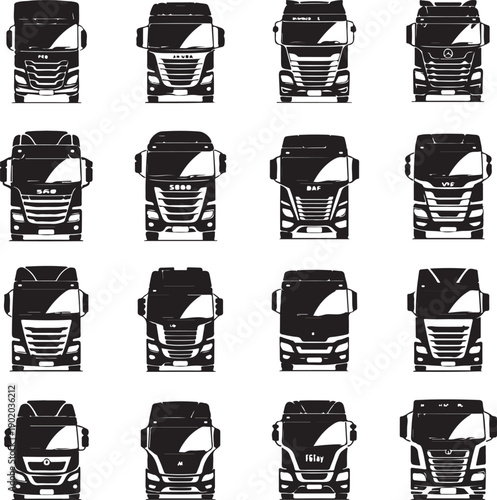 blackandwhite trucks in a grid on white background