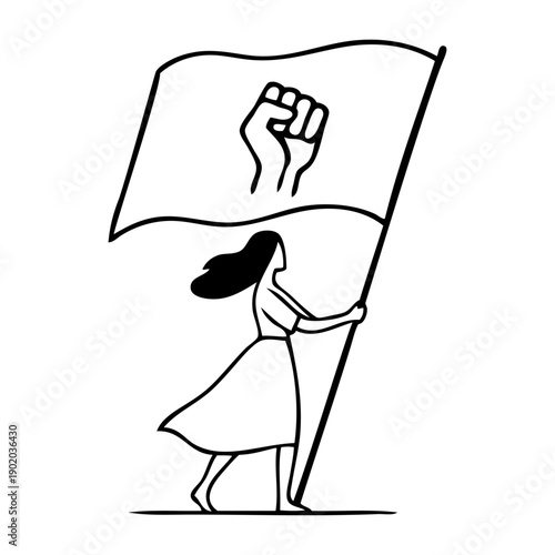 Día Internacional de la Mujer. Dibujo con líneas de una mujer con un bandera con un puño cerrado 