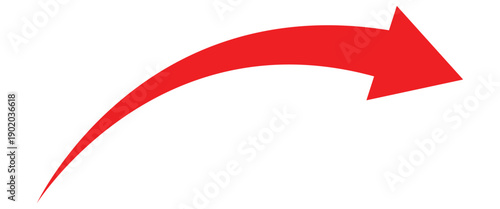 Long red curve arrow indicating rightward down side. Red curve arrow isolated on white background.