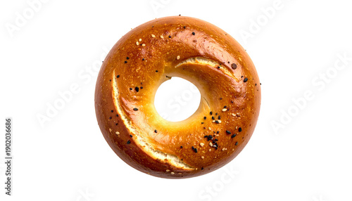 Top view of a golden, baked ring-shaped bread with sesame & poppy seeds, isolated on black