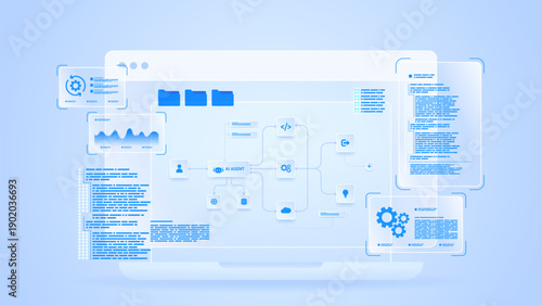 AI workflow automation artificial intelligence. ai agent network diagram dashboard automation with processing flow, code integration, analytics panels and automation system.