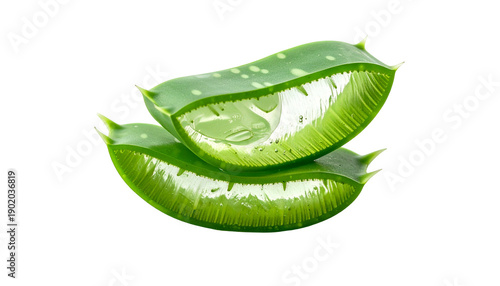 Two cut aloe vera slices with translucent gel on a black background