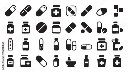 Black Medical Pills and Bottles Icons on White Background