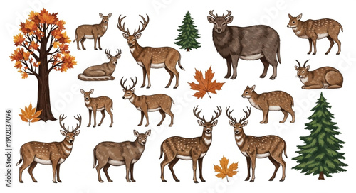 Collection of Deer and Autumn Trees.