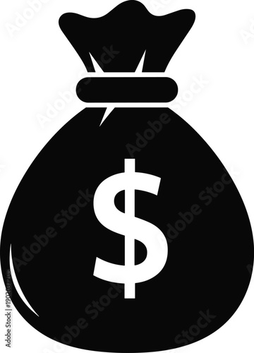 Money bag silhouette icon, financial symbol artwork, dollar sign design, banking economy illustration, wealth concept tribute, monetary value graphic, flat vector illustration