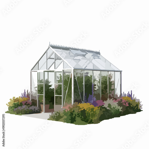 Garden greenhouse with tomato plants flat vector illustration isolated on white background