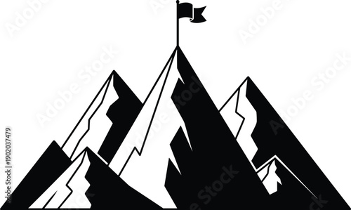 Mountain range silhouette illustration, achievement summit artwork, flag peak design, outdoor adventure symbol, motivational conquest tribute, climbing challenge graphic, flat vector illustration