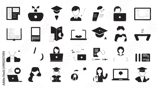 Online Education Icons Set with Graduation Cap, Laptop, Books and and People