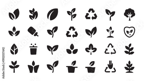 Eco Friendly Icons Set with Leaves, Recycling Symbols and Plant Illustrations