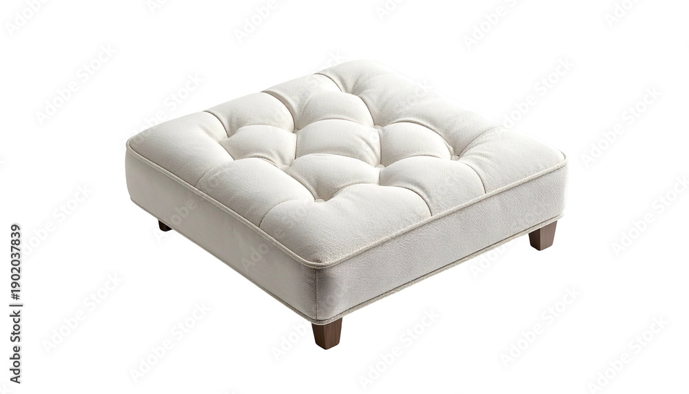 Fototapeta premium Square tufted ottoman with cream-colored upholstery and wooden legs on a black background