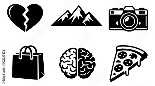 Line art diverse icon set featuring common interests and objects for web and infographic design