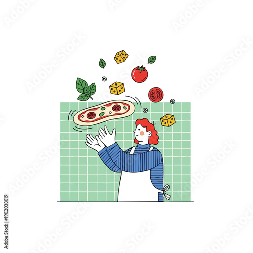 Woman chef tossing pizza dough with ingredients in the air.