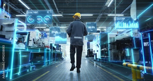 Wallpaper Mural Black Male Technician Walks Down a High-tech Factory Aisle as Holographic AR Panels and Digital Twin Grids Scan Equipment, Display Kpi Charts, Stream Iot for Smart Manufacturing, Automation Torontodigital.ca
