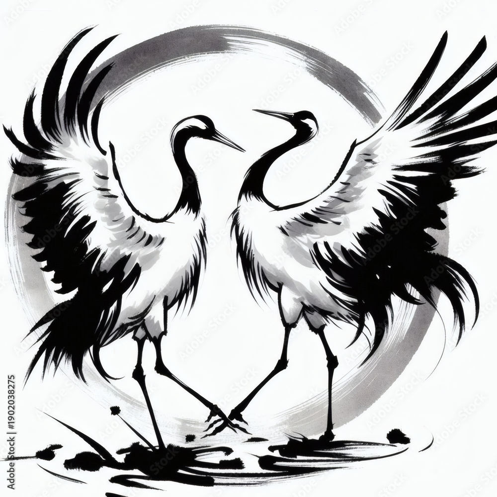 Naklejka premium 夫婦鶴と円形フレームの墨絵 飛翔と繁栄のシンボル 和柄グラフィック素材 AI-generated using DALL·E3