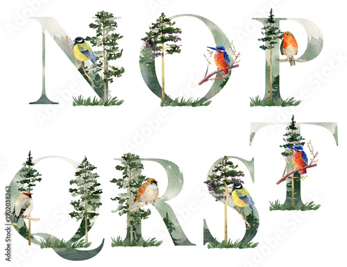 Watercolor forest letters.
