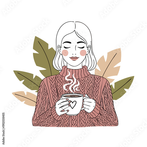 Woman in a cozy sweater enjoying a warm drink.