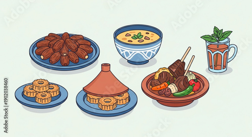 Colorful assortment of international cuisine and drinks on plates and bowls