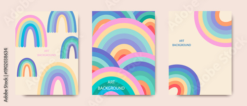 Set of abstract backgrounds with a rainbow on a light background, multi-colored arches.