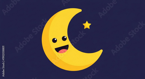 Smiling crescent moon with star in dark blue night sky cartoon character with happy face