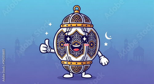 Ramadan kareem decorative lantern cartoon character giving thumbs up with stars and crescent moon in night sky