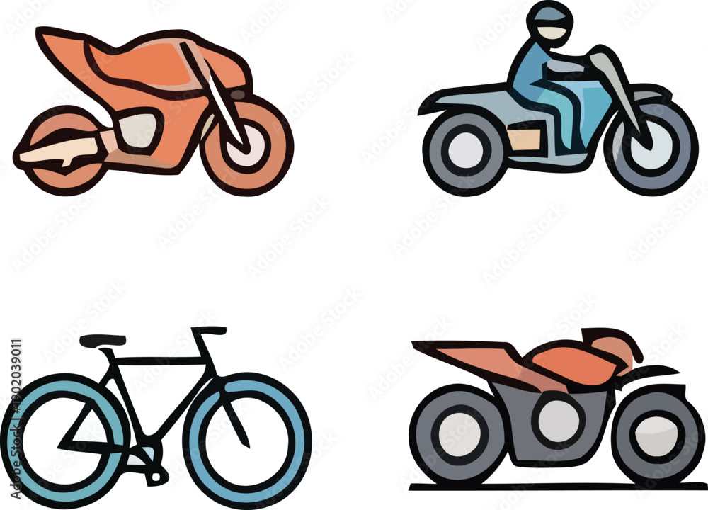 Fototapeta premium motorcycle Variety of cartoon vehicles for transportation and recreation