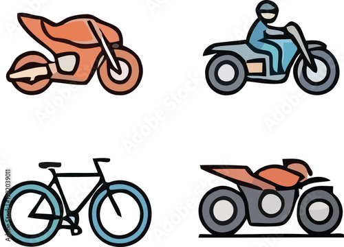 Variety of cartoon vehicles for transportation and recreation