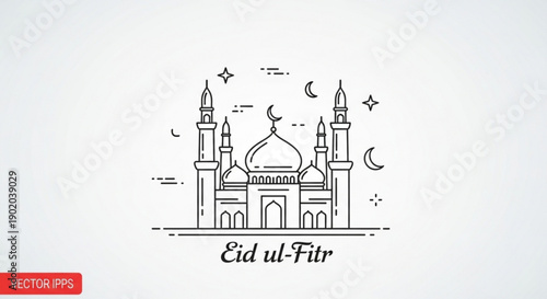 Eid ul fitr celebration with mosque illustration and crescent moon