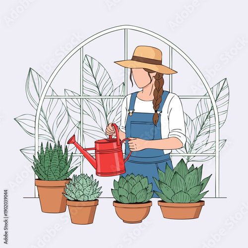 Woman in straw hat watering potted succulent plants with a red watering can.