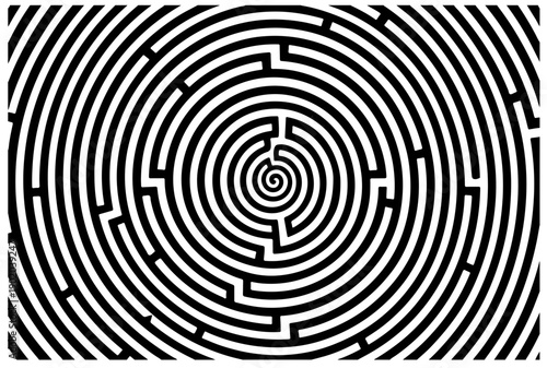 A bold, monochrome maze features concentric circles forming a tight spiral toward the center. This abstract geometric image evokes focus,