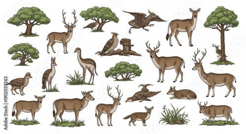 Collection of Diverse Animals and Trees in Naturalistic Style.