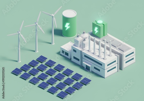 Modern renewable energy facility combining wind turbines solar panels and battery storage