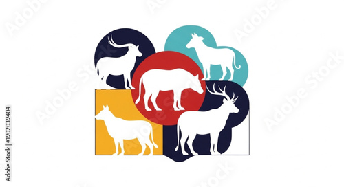 Collection of Diverse Farm and Wild Animals Silhouettes on Colorful Circles.