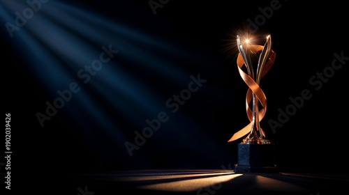 Golden Trophy: A meticulously crafted golden trophy stands majestically, its intricate design illuminated by a single spotlight against a dark background.