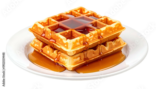 Stacked, golden waffles on a white plate, drizzled with sweet syrup. Simple, appetizing breakfast