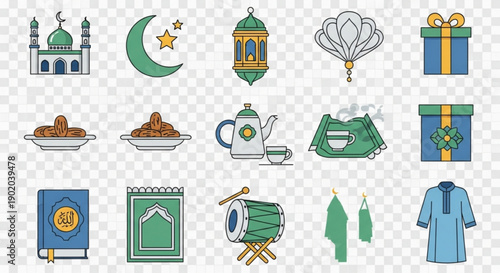 Ramadan kareem icons set with mosque crescent moon lantern food tea gifts clothing and more
