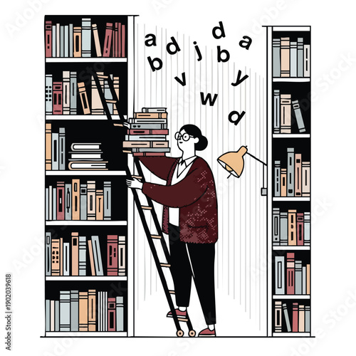 Woman on ladder in library with stack of books and floating letters.