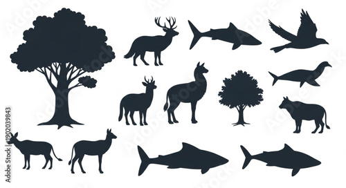 Collection of Diverse Animal and Tree Silhouettes.