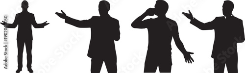 Black business man silhouettes showing presentation, explanation, phone conversation, and expressive hand gestures isolated on white background for communication, marketing, and design projects