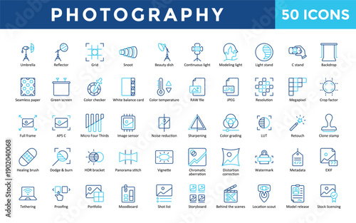 Photography icons set with beauty dish, continuous light, modeling light, location scout, image sensor, and chromatic aberration icon. Simple outline color vector 
