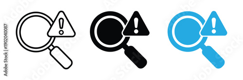 Search alert icon set. Magnifying glass with warning triangle. Vector illustration in outline and solid styles.