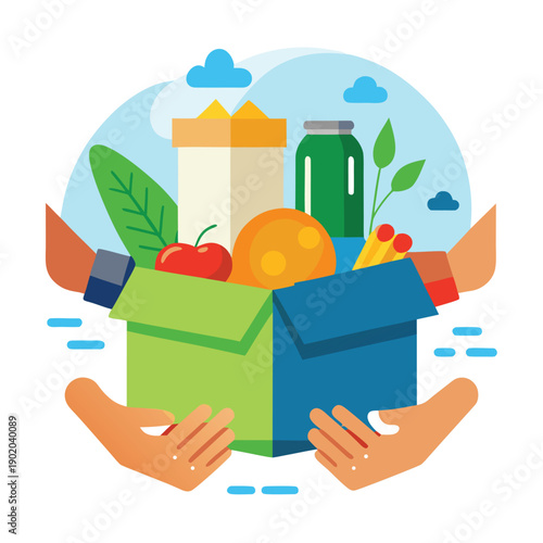 Hands holding a cardboard box filled with fresh produce and healthy foods